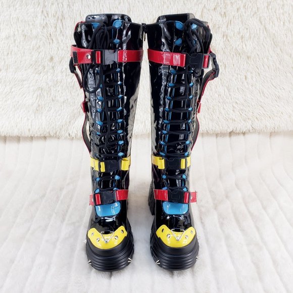 Space Cookies Hidden Wedge Platform Color Block Festival Punk Knee Boots - Picture 9 of 11